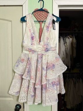 Gianni Bini White Eyelet Tiered Dress with Pastel Pink and Lavender Accents